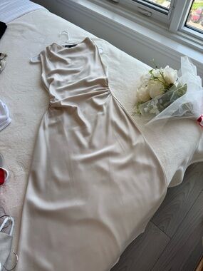 Zara Cream Satin Maxi Dress with Side Ruching
